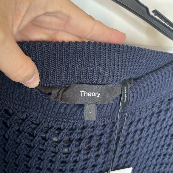 NWT Theory Women's Navy Blue Crochet Cotton Textured Knit Midi Pencil Skirt Sz L - Picture 12 of 16